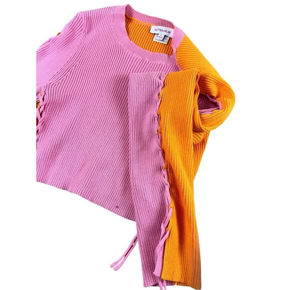 ButterMelon Pink and Orange Lace Up Sweater Size Small Ribbed Crop Top Fashion - Picture 10 of 12